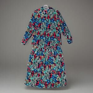 LaDonna 2Pc SKIRT Set Womens 8 US Made L/SLV BLOUSE Maxi VTG 80s Bold Print